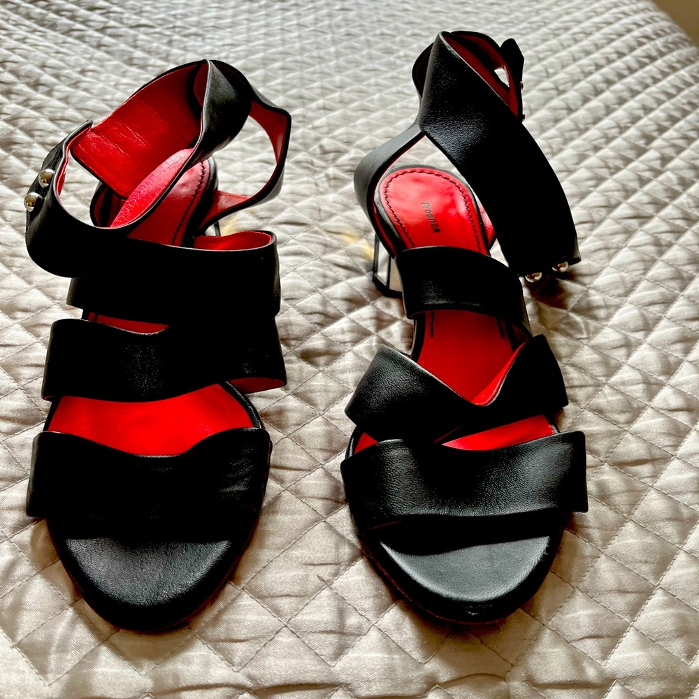Proenza Schouler leather sandals with ankle strap and mirrored heel. $125
